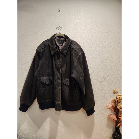 Men's‎ XL Suede Leather Bomber Jacket Black Distressed Cowhide Quilted Lining - Picture 2 of 13
